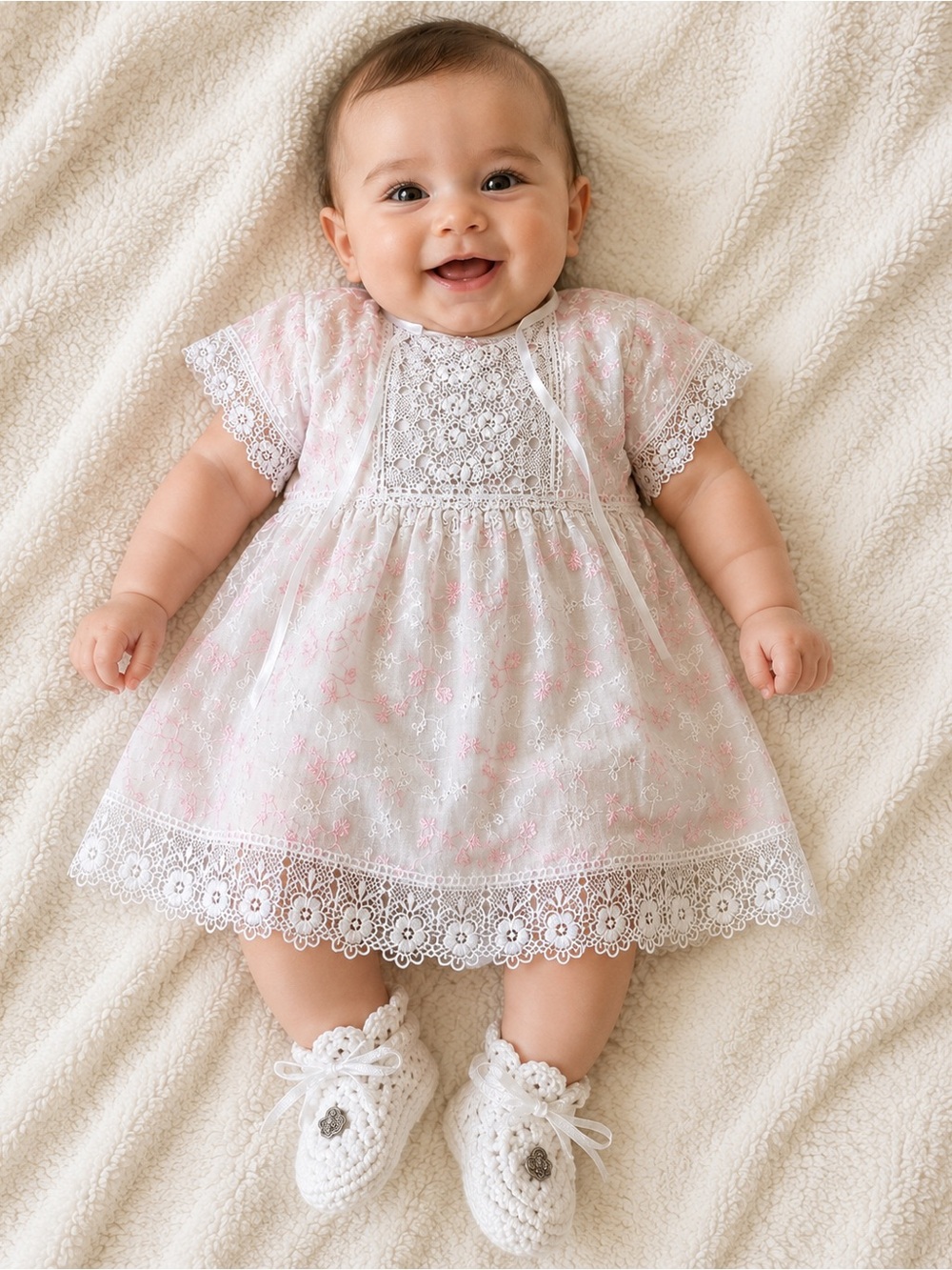 Delicate White & Pale Pink Lace Baby Dress